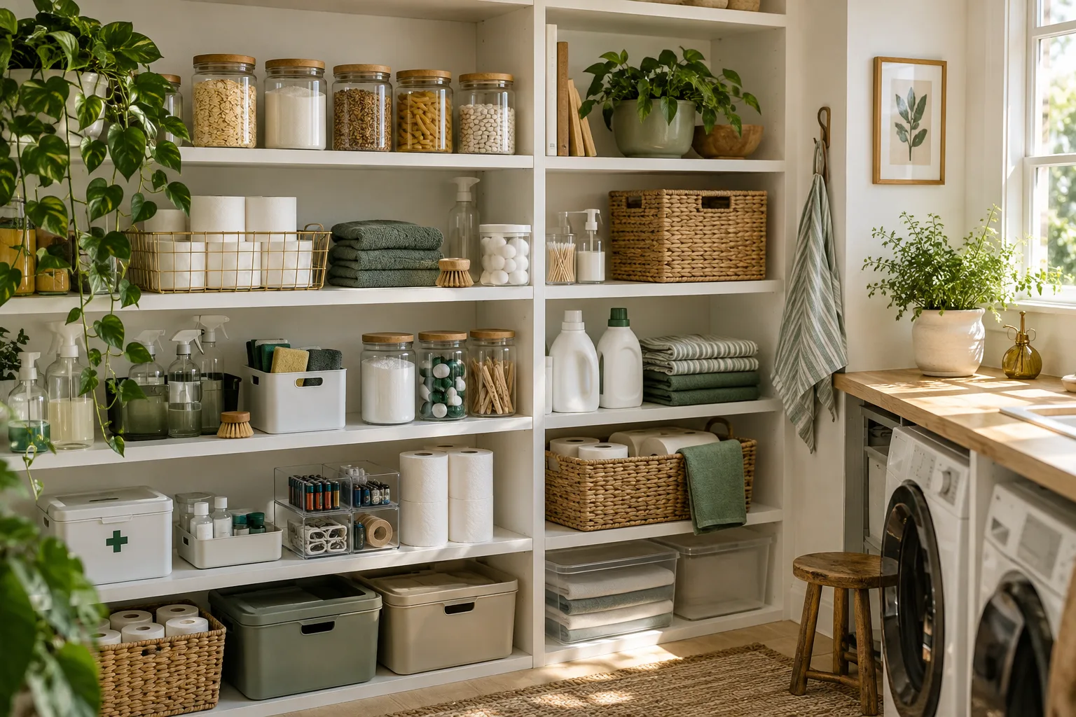 A bright, neatly organized pantry and utility shelf stocked with everyday household basics